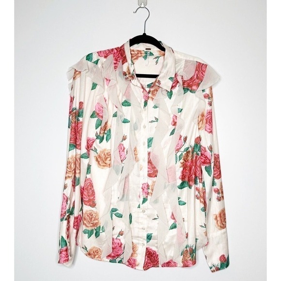 New Free People Charlotte Floral Blouse Women's Pink Cream Size Small Petite SP - Picture 2 of 6